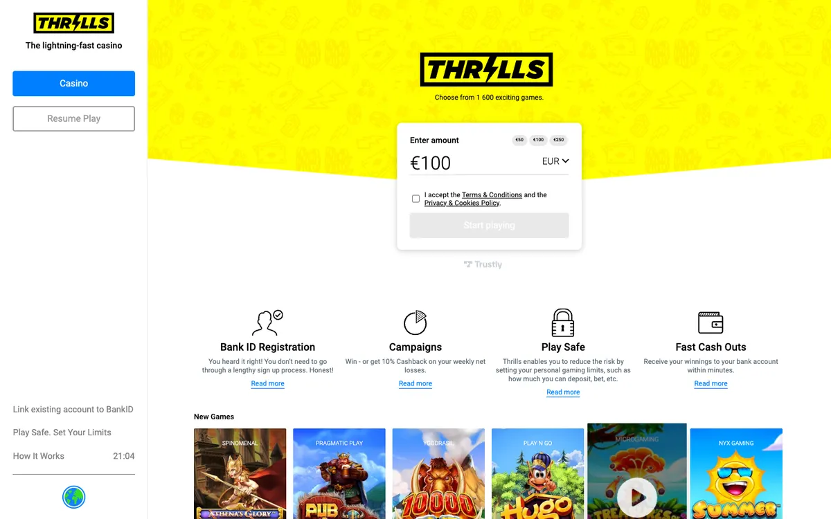 Thrills Casino — Home page, captured from Finland