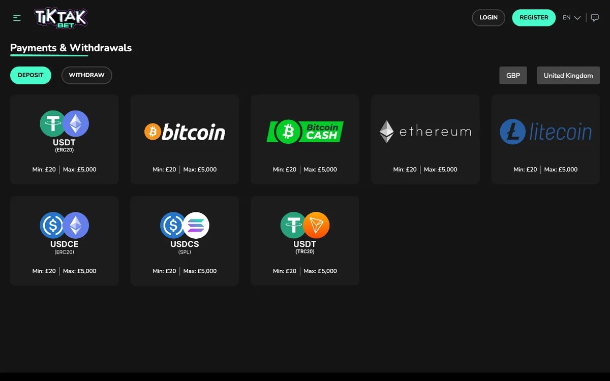 TikTak Bet Casino — Payments, captured from United Kingdom