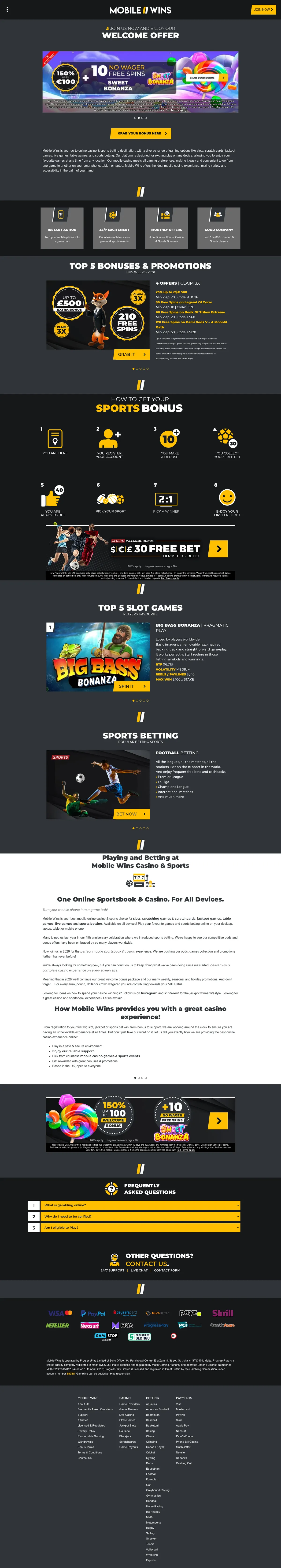 Mobile Wins Casino — Home page, captured from Canada