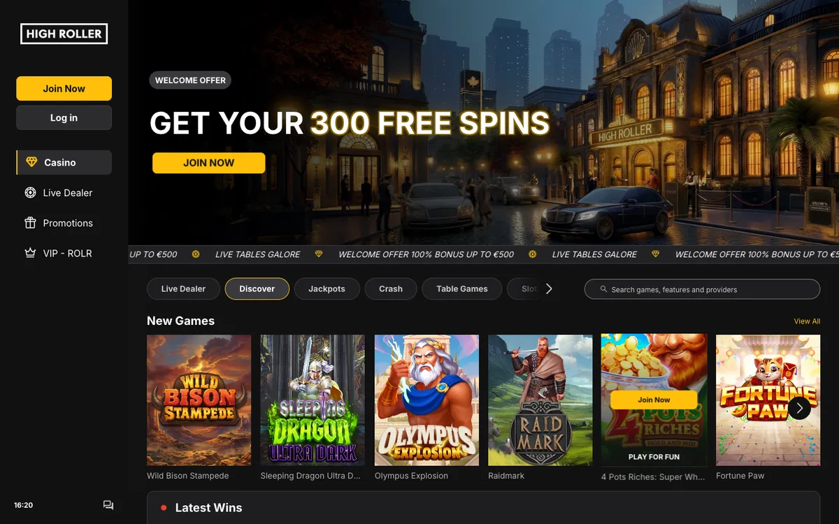 Highroller Casino — Home page, captured from Portugal