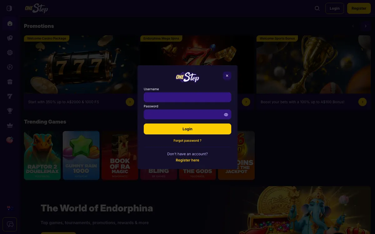 Onestep Casino — Sign-up, captured from Australia