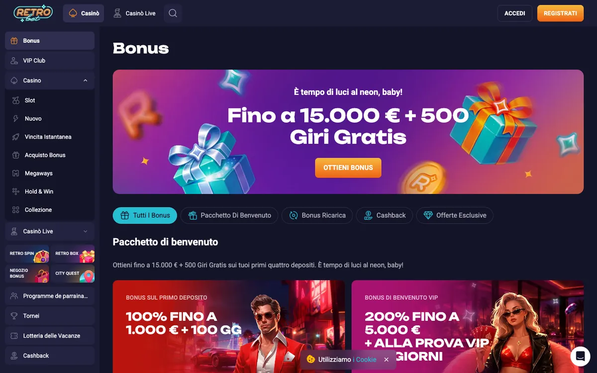 Retro Bet Casino — Promotions, captured from Italy