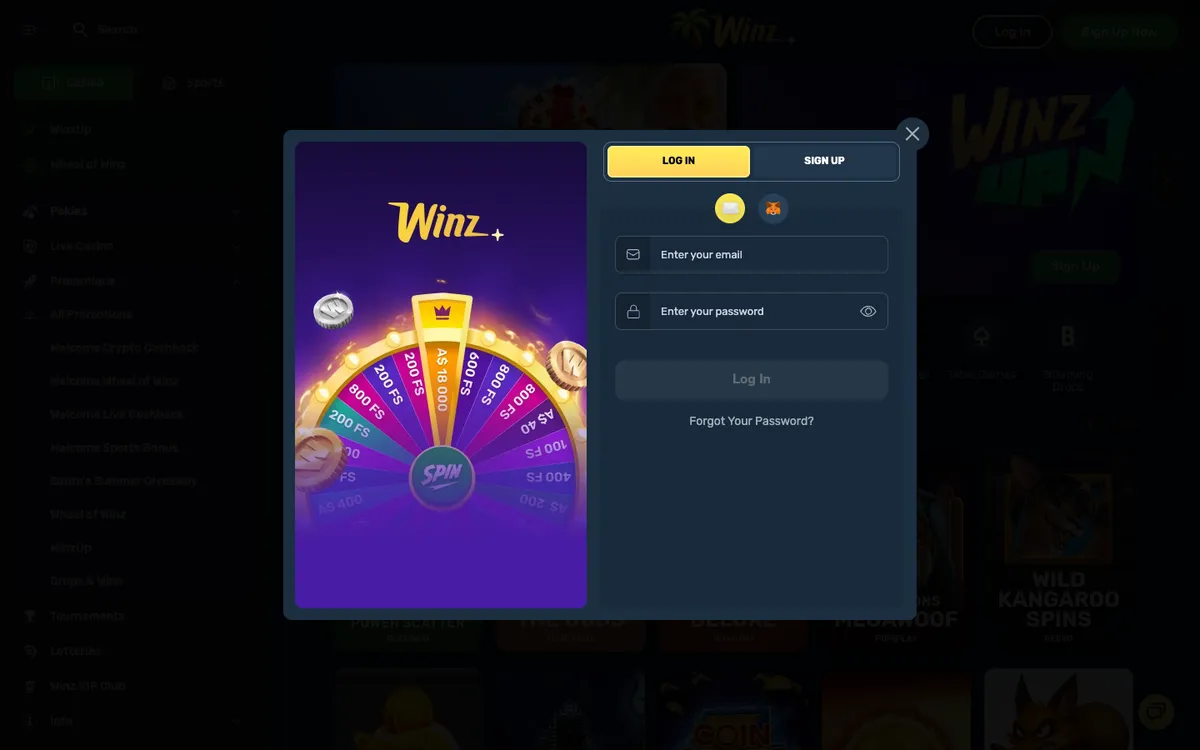 Winz.io Casino — Sign-up, captured from Australia