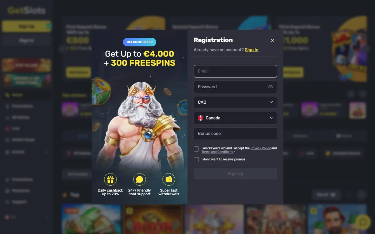 GetSlots Casino — Sign-up, captured from Canada