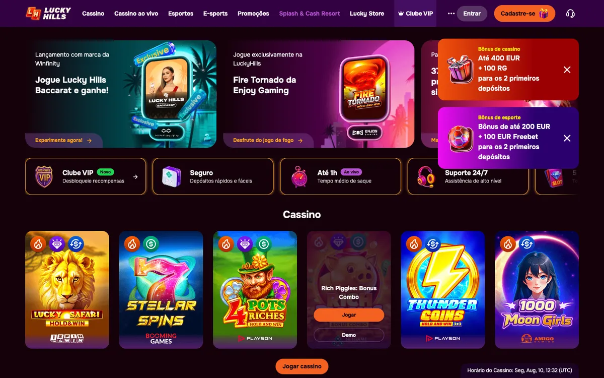 LuckyHills Casino — Home page, captured from Brazil