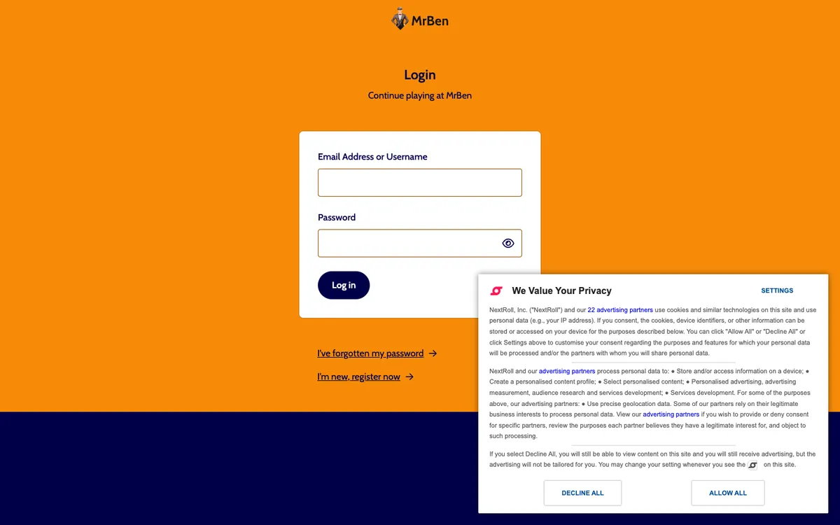 MrBen Casino — «Регистрация», снято из страны Канада