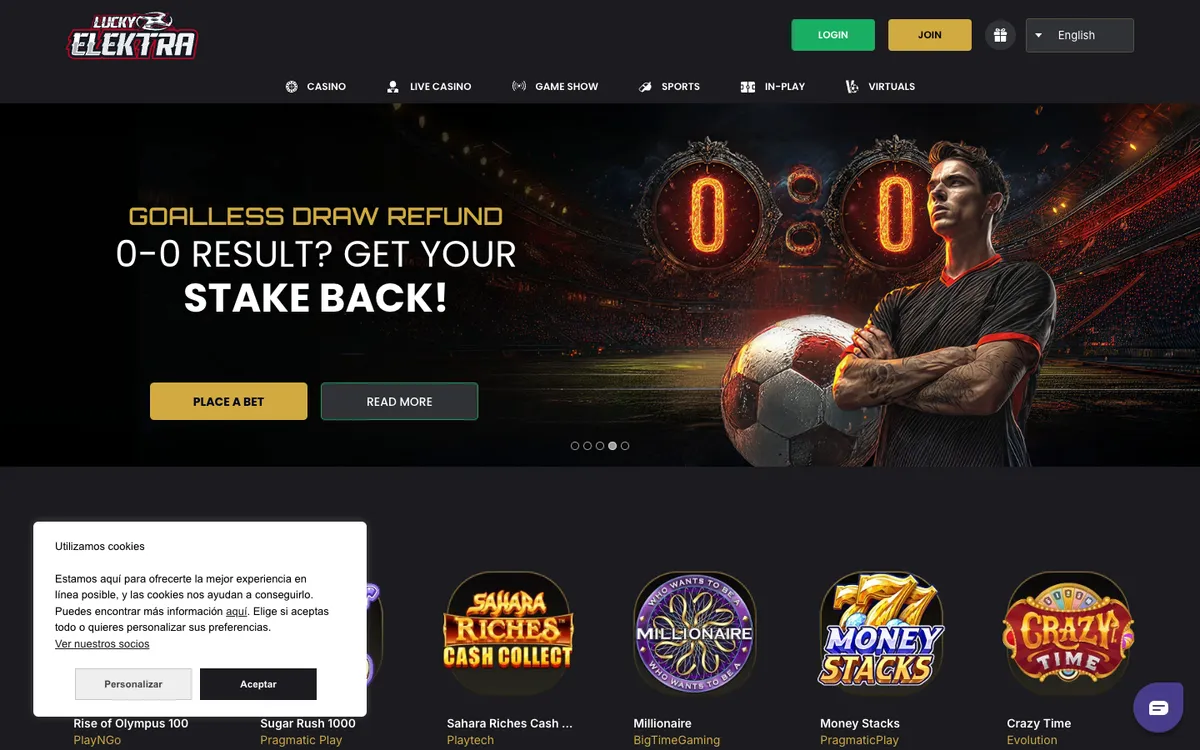 LuckyElektra Casino — Home page, captured from Spain