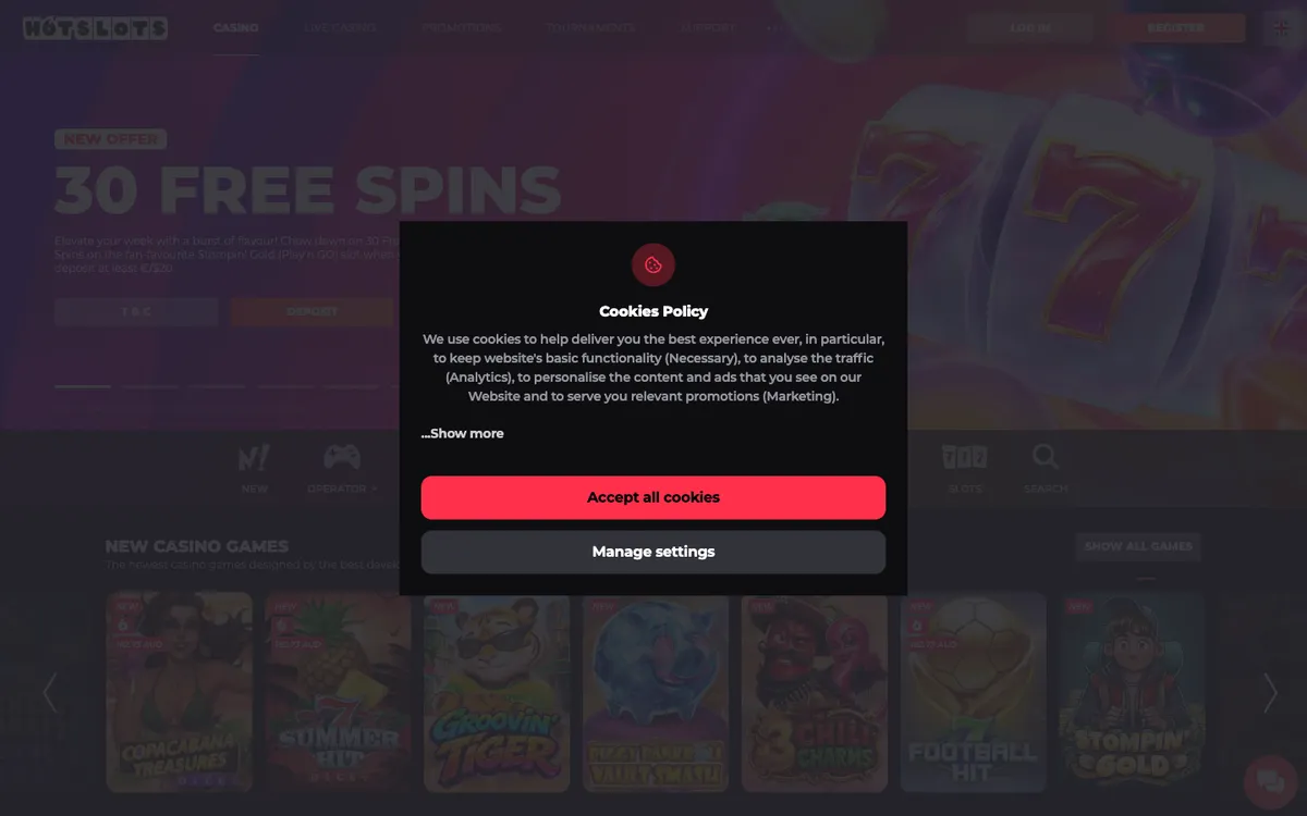HotSlots Casino — Home page, captured from Australia