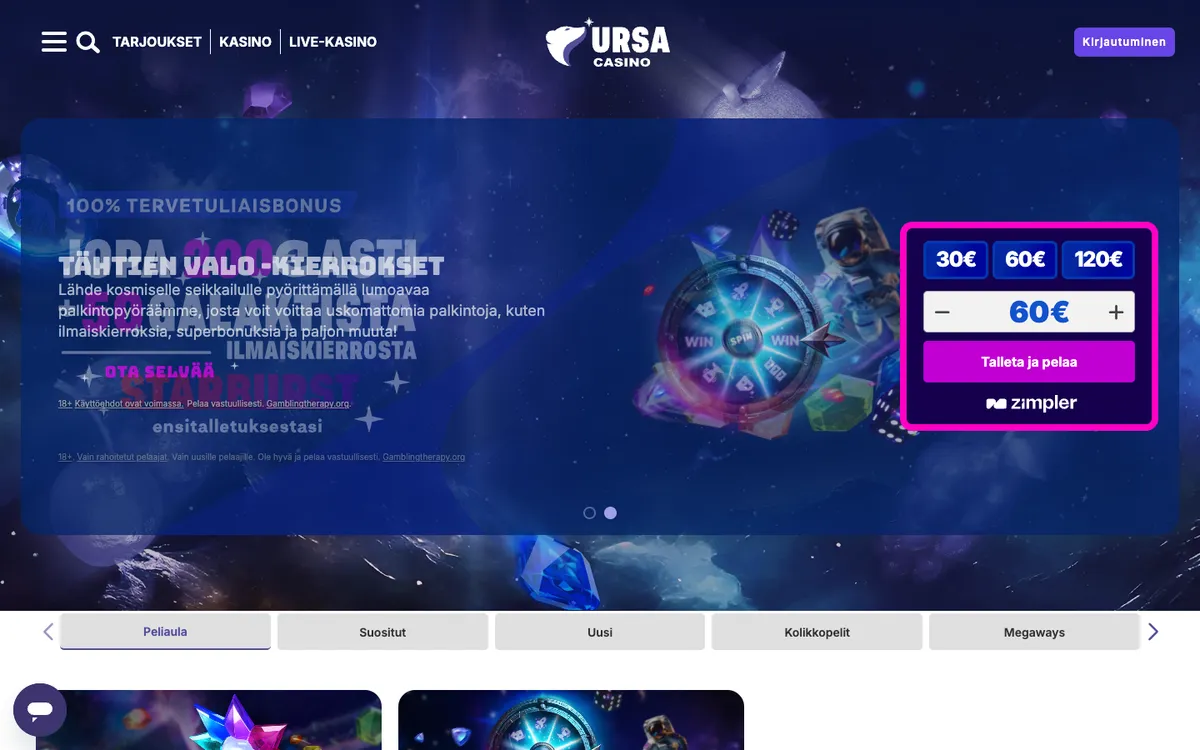 Ursa Casino — Home page, captured from Finland