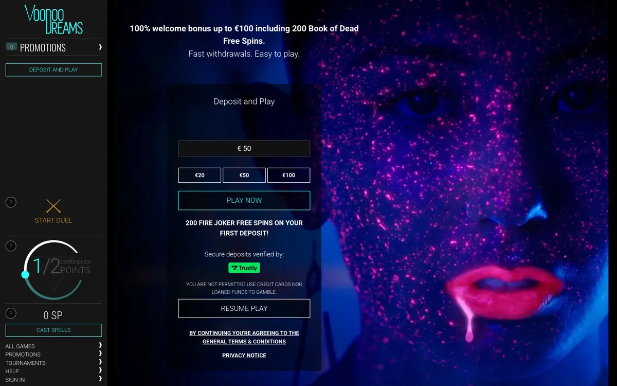 VoodooDreams Casino — «Регистрация», снято из страны Финляндия