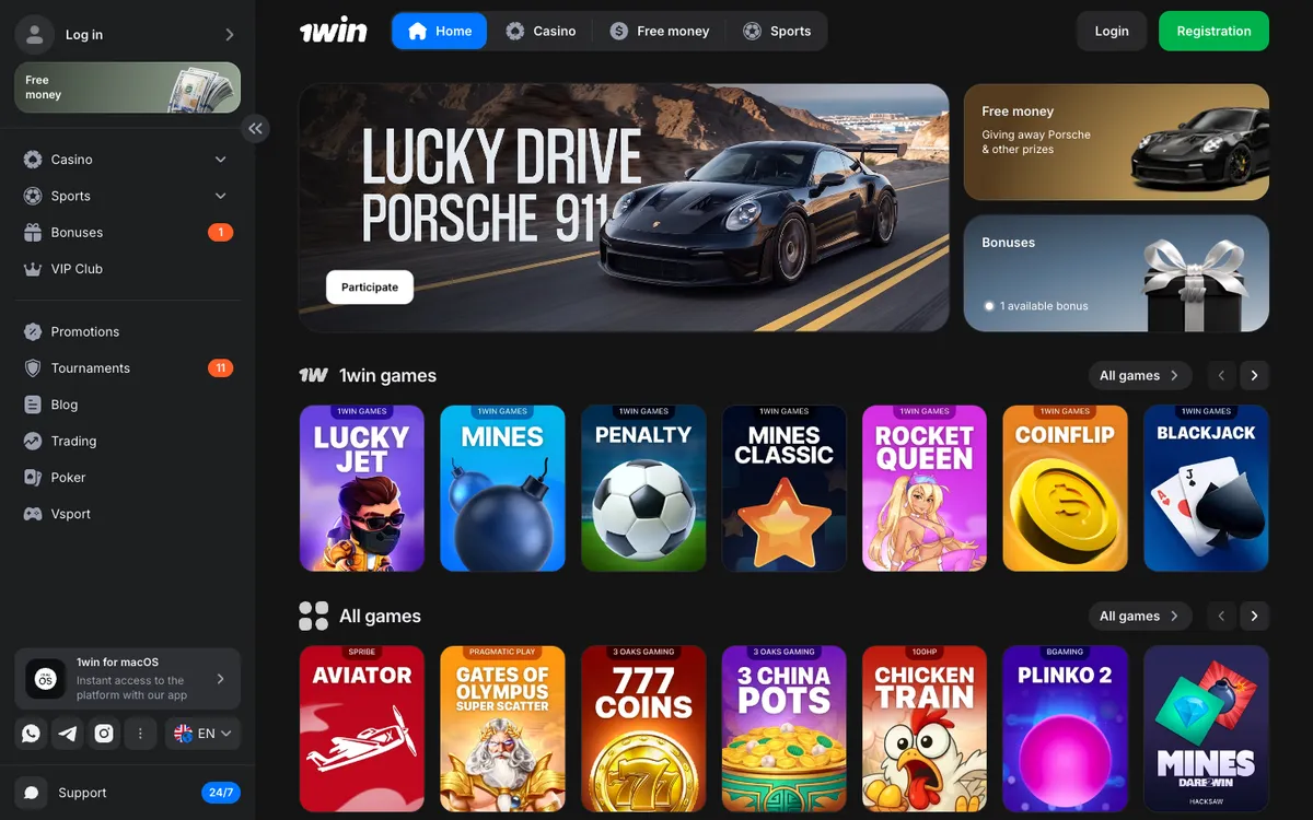 1win Casino — Home page, captured from South Africa