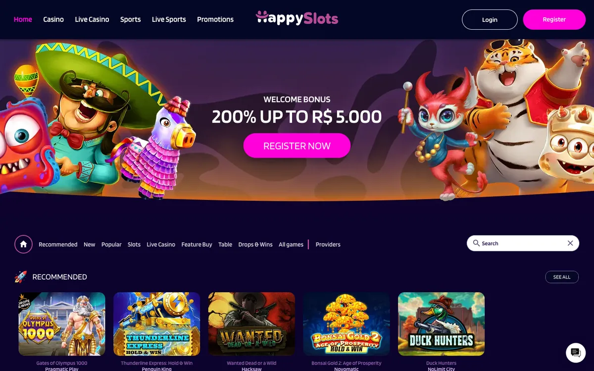HappySlots Casino — Home page, captured from Belgium
