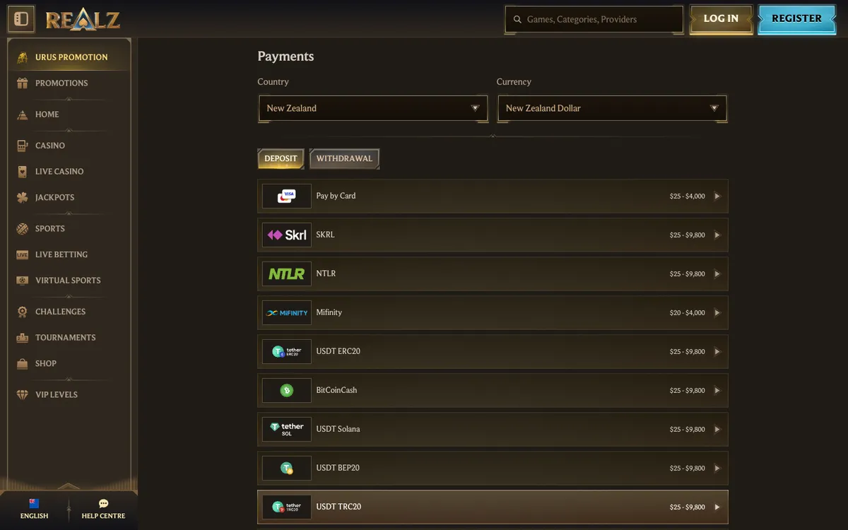 Realz Casino — «Платежи», снято из страны Новая Зеландия