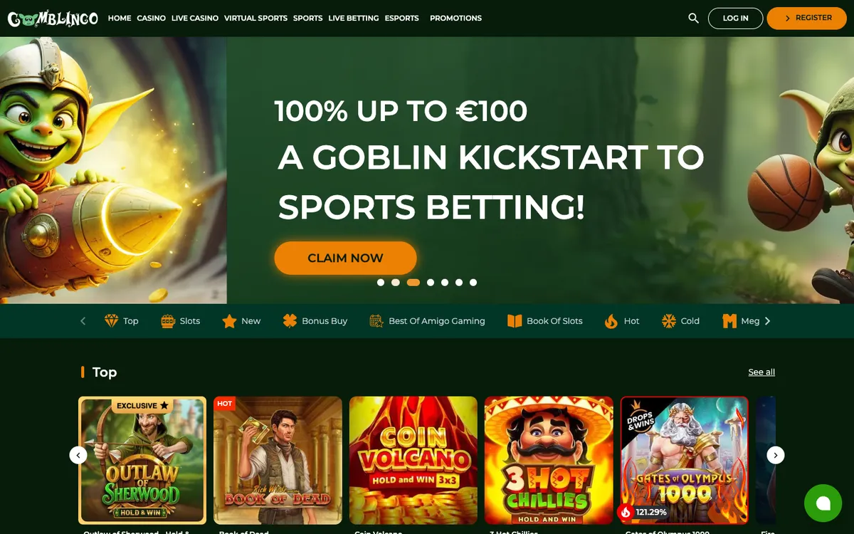 Gomblingo Casino — Home page, captured from Brazil