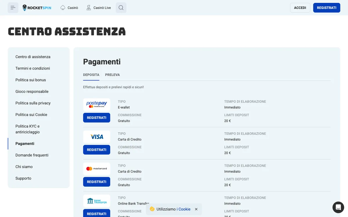 Rocket Spin Casino — Payments, captured from Italy