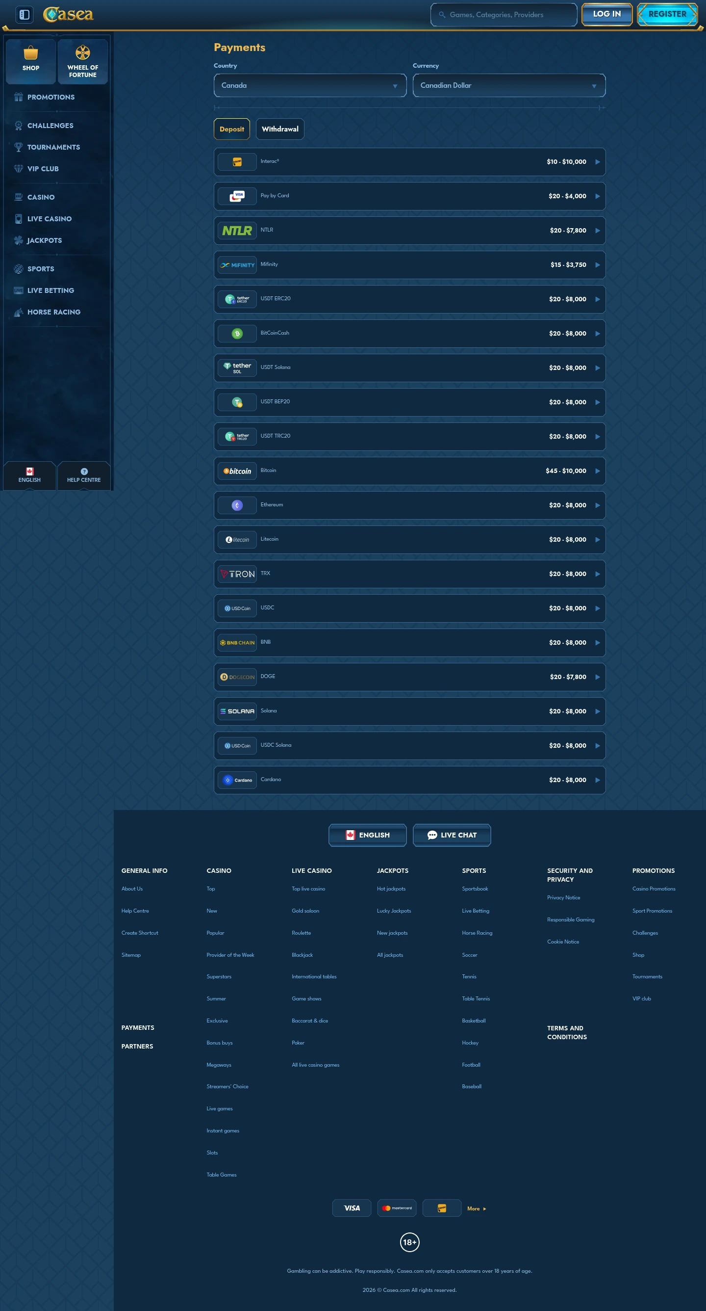 Casea Casino — Payments, captured from Canada