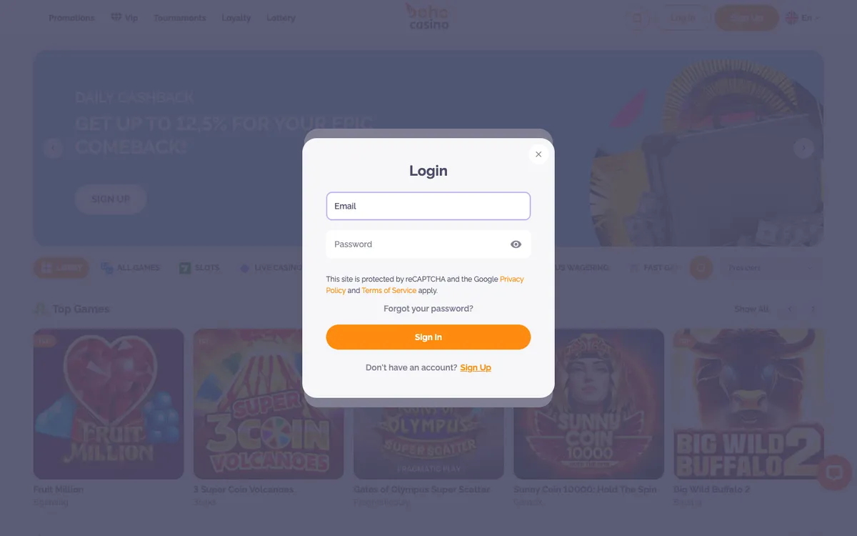 Boho Casino — «Регистрация», снято из страны Новая Зеландия