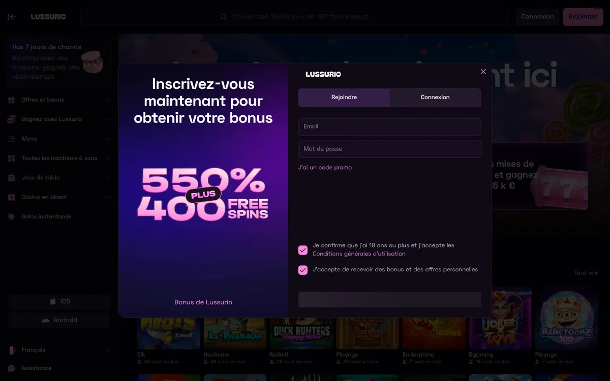 Lussurio Casino — Sign-up, captured from France
