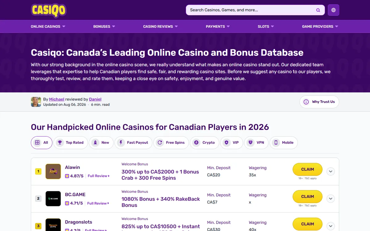 Casiqo Casino — Home page, captured from Canada