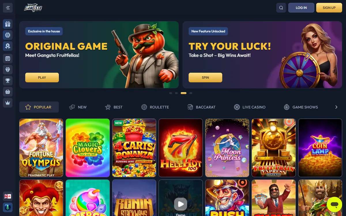 Gangsta Casino — Home page, captured from Canada