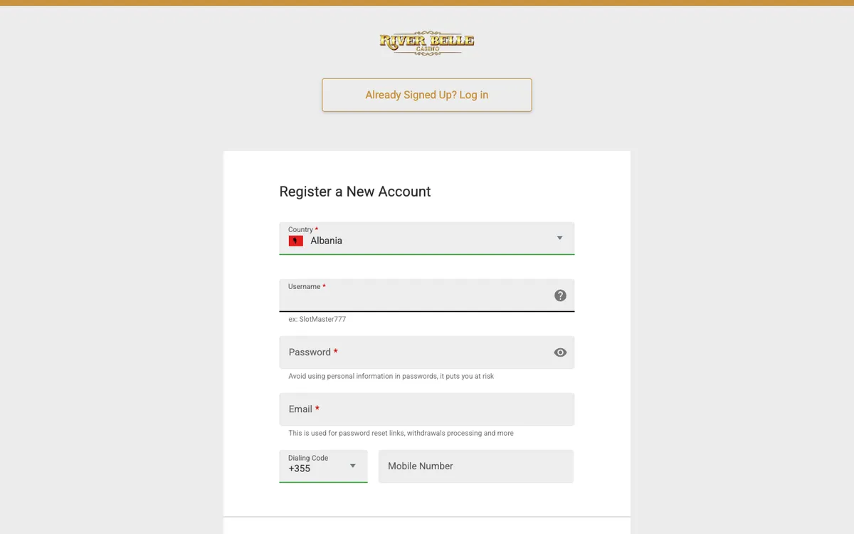 River Belle Casino — Sign-up, captured from Brazil