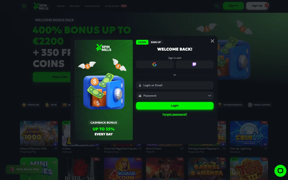 SpinMills Casino — Sign-up, captured from Chile