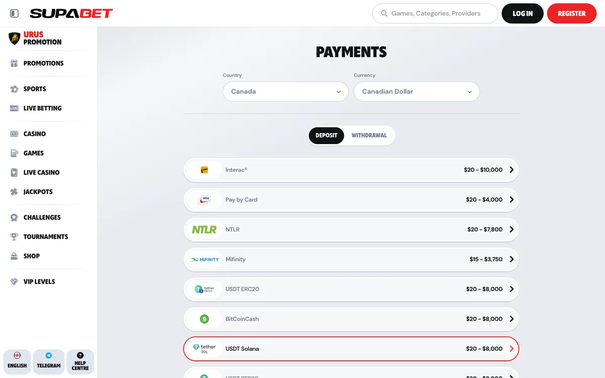 Supabet Casino — Payments, captured from Canada