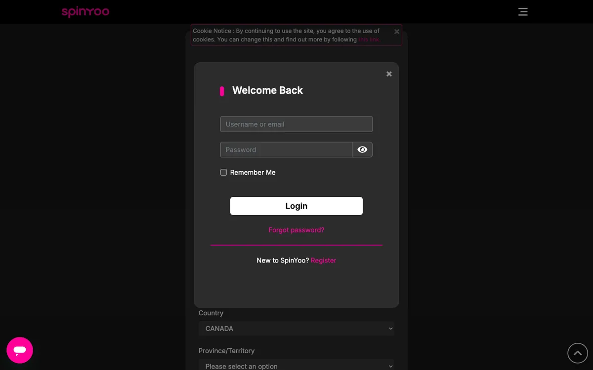SpinYoo Casino — «Регистрация», снято из страны Канада