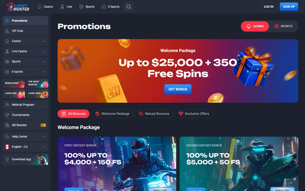 Lucky Hunter Casino — Promotions, captured from Canada