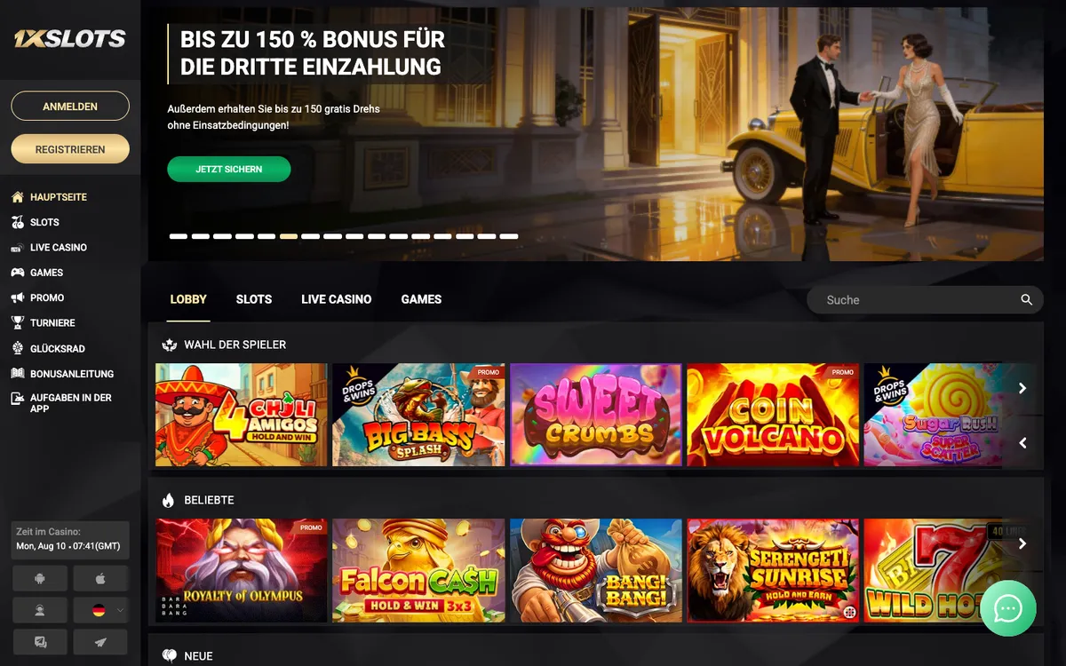 1xSlots Casino — Home page, captured from Austria