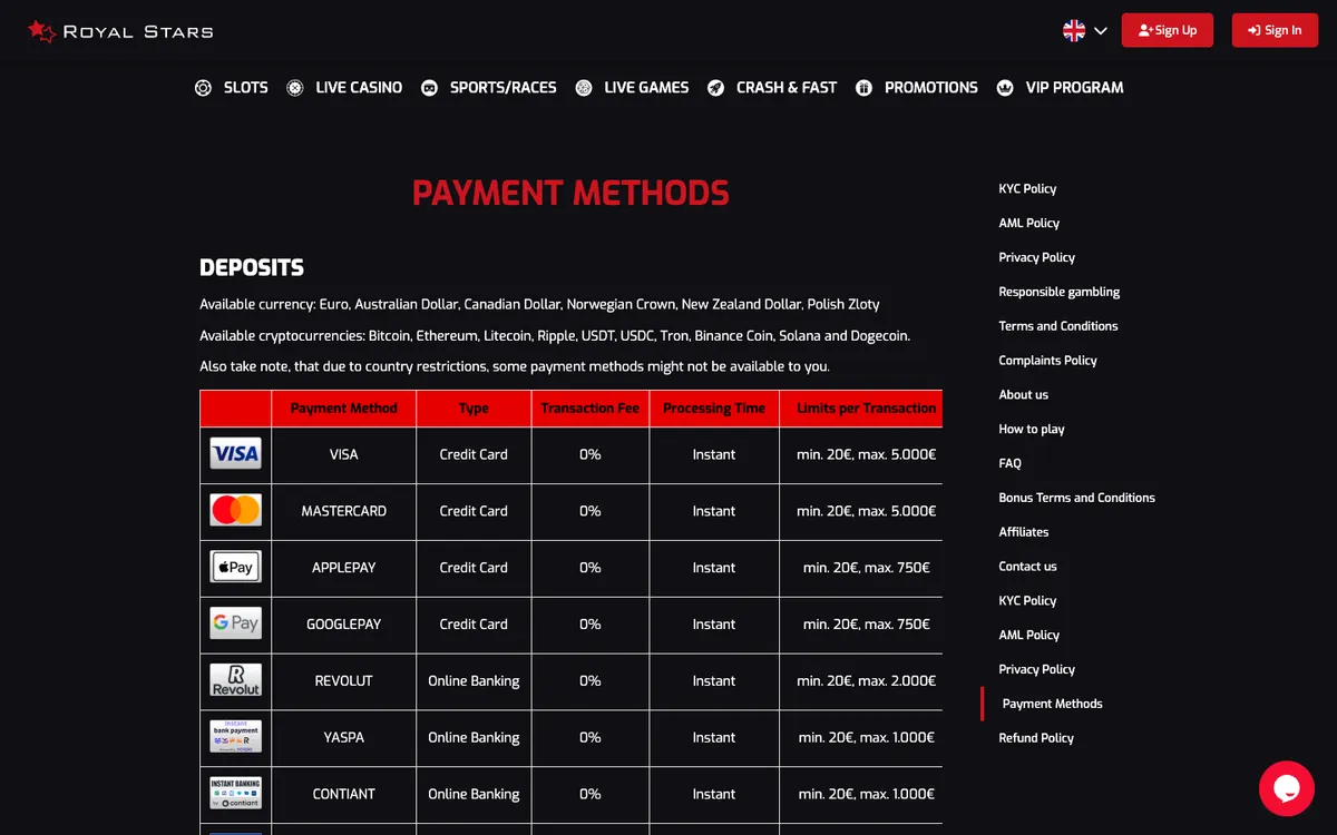 Royal Stars Casino — Payments, captured from Australia
