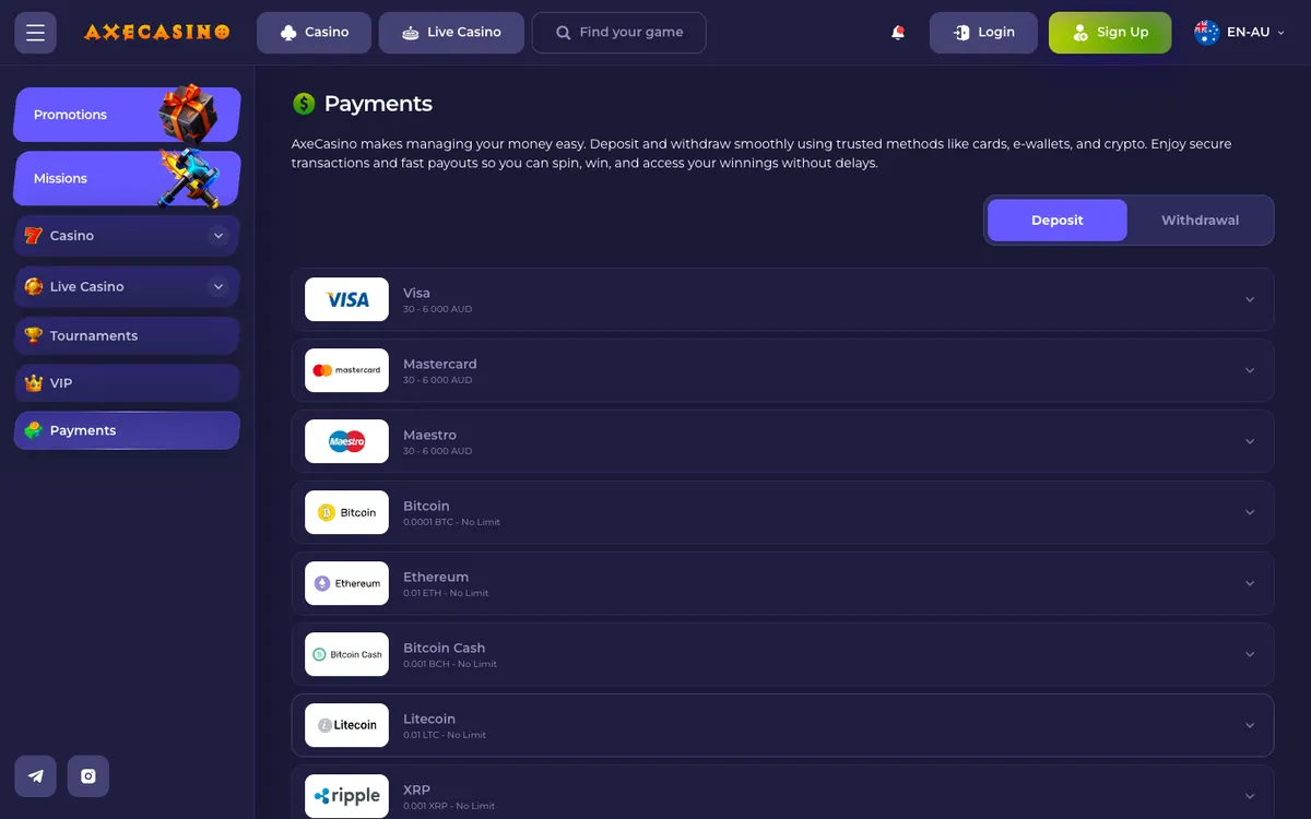 Axecasino — «Платежи», снято из страны Австралия