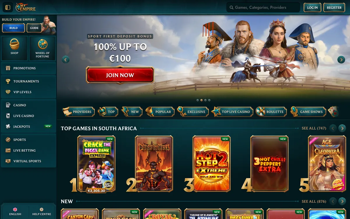 MyEmpire Casino — Home page, captured from South Africa