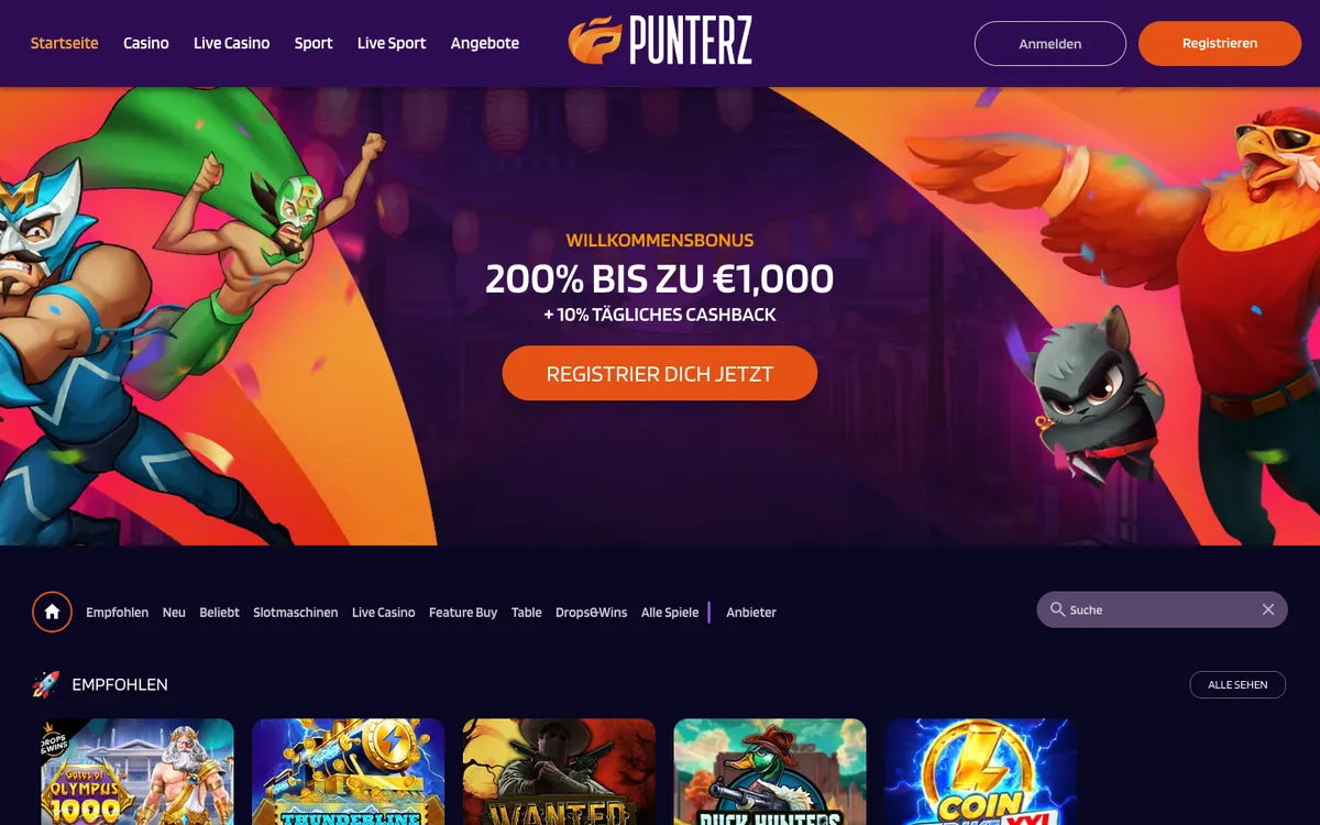 Punterz Casino — Home page, captured from Switzerland