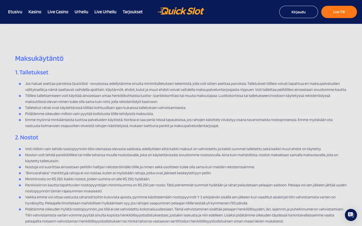 QuickSlot Casino — «Платежи», снято из страны Финляндия