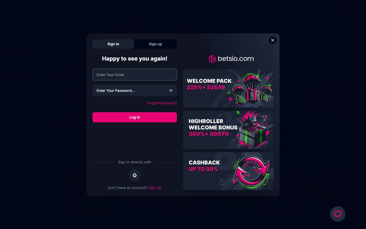 Betsio Casino — «Регистрация», снято из страны Новая Зеландия