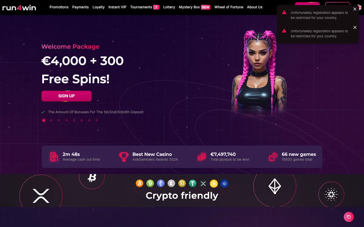 Run4Win Casino — «Регистрация», снято из страны Испания