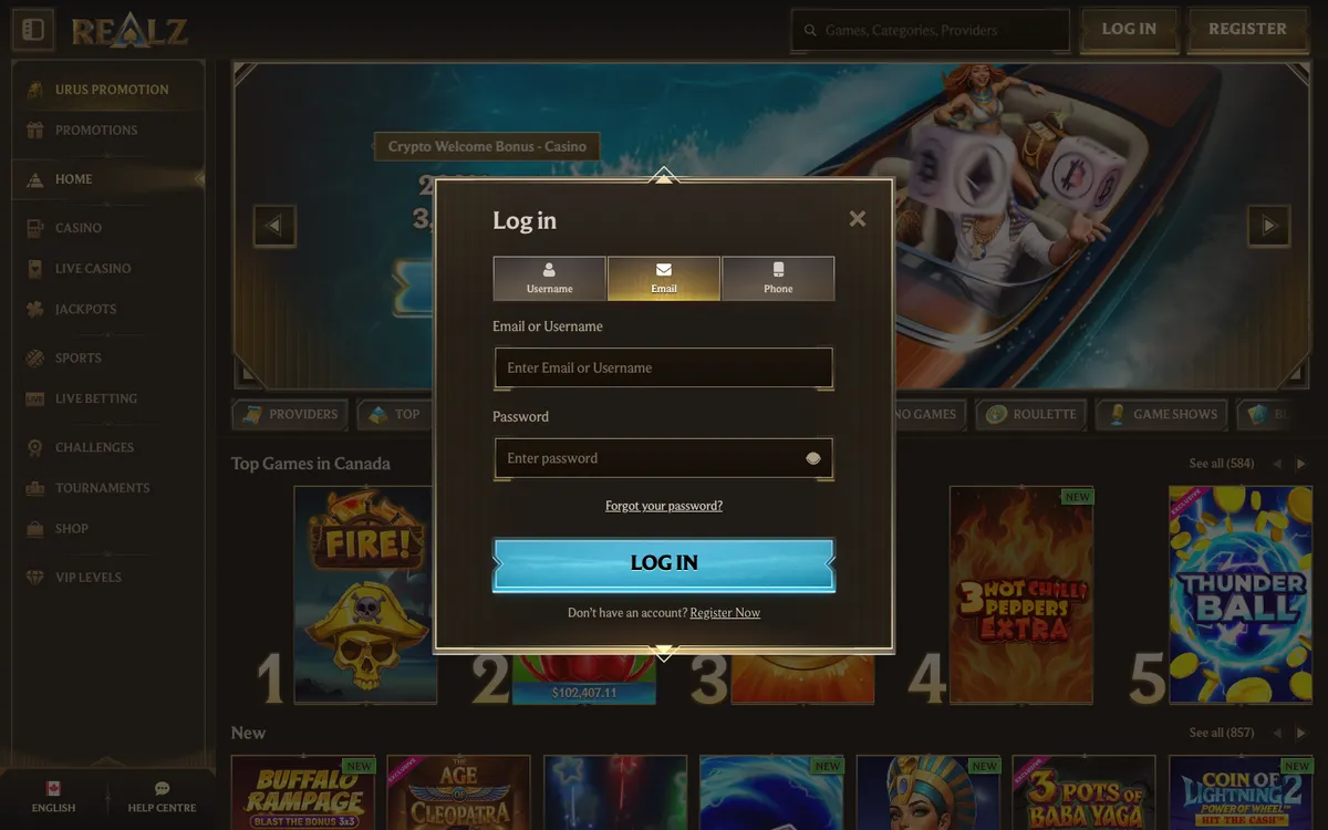 Realz Casino — «Регистрация», снято из страны Канада