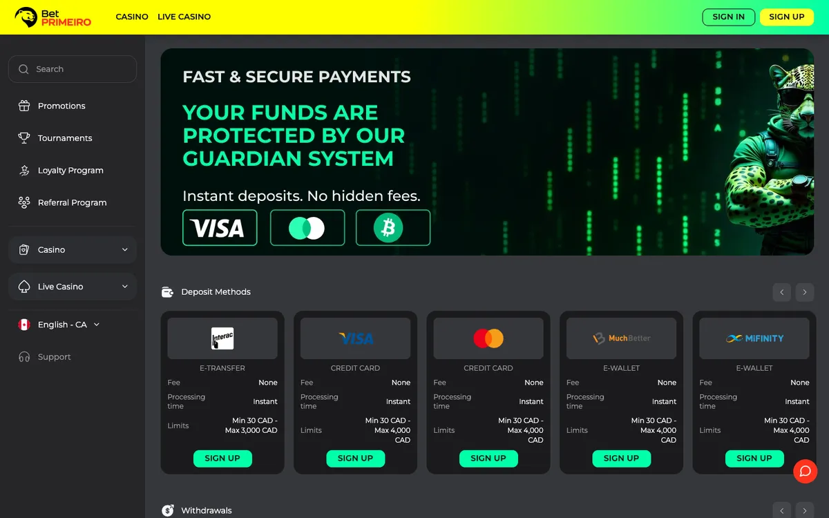 BetPRIMEIRO Casino — Payments, captured from Canada