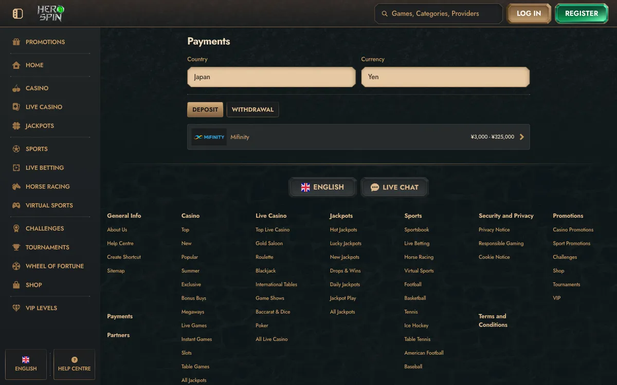 HeroSpin Casino — Payments, captured from Japan
