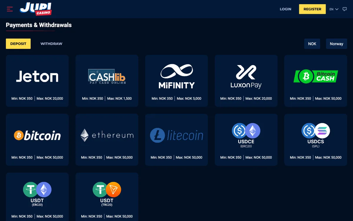 Jupi Casino — Payments, captured from Norway