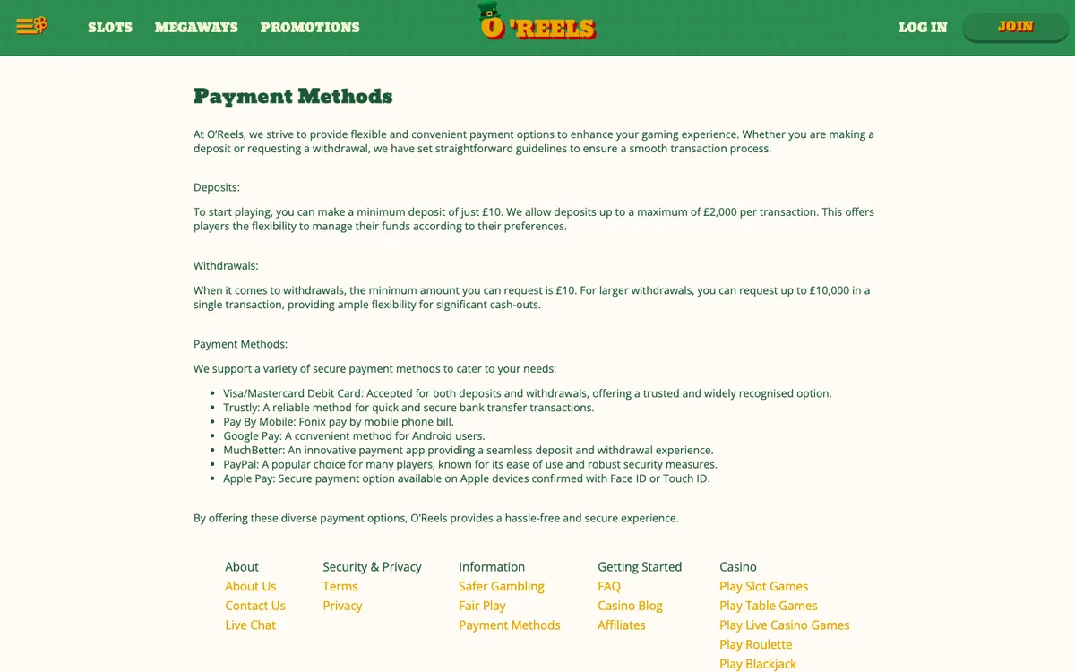 O'Reels Casino UK — Payments, captured from United Kingdom