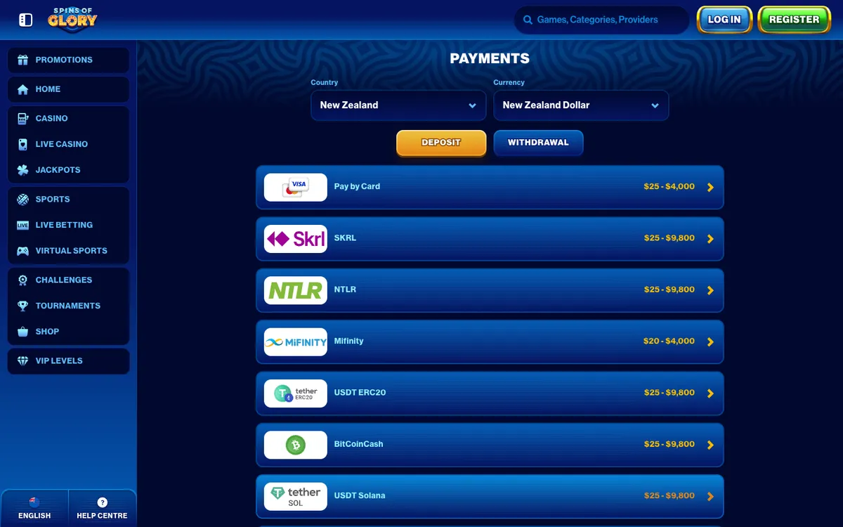 Spins of Glory Casino — Payments, captured from New Zealand