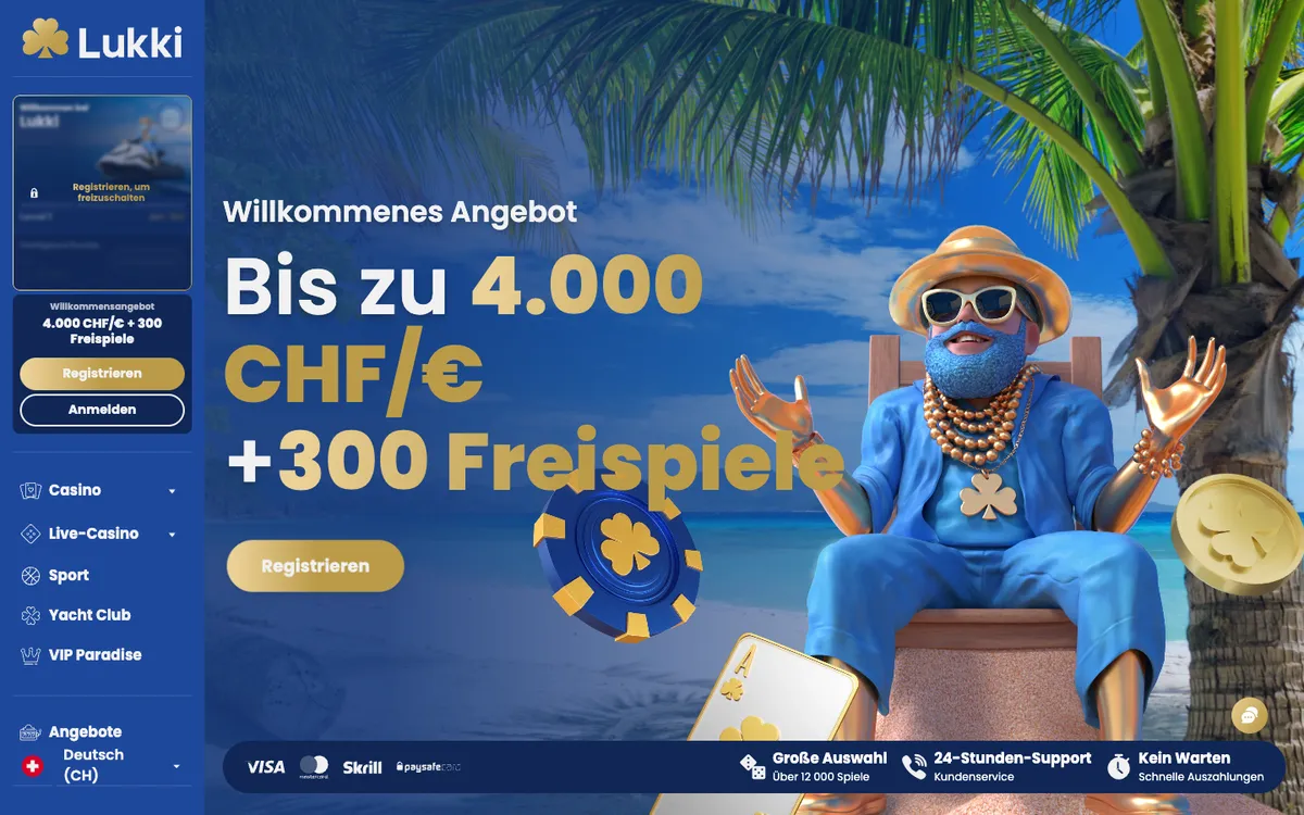 Lukki Casino — Home page, captured from Switzerland