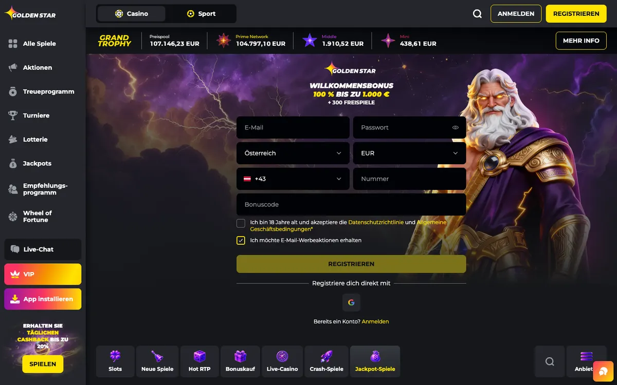 Golden Star Casino — Home page, captured from Austria