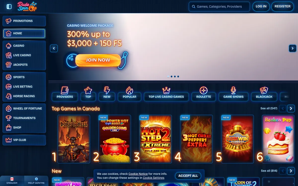 DudeSpin Casino — Home page, captured from Canada