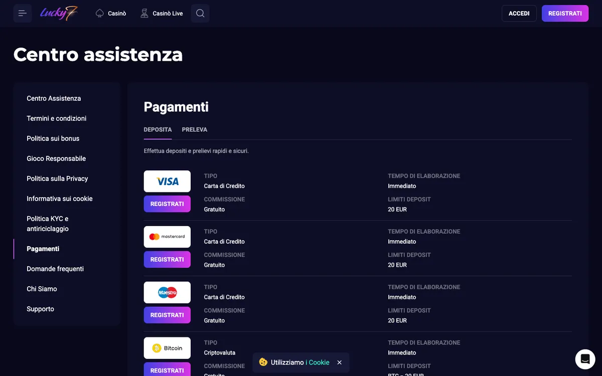 Lucky7even Casino — Payments, captured from Italy