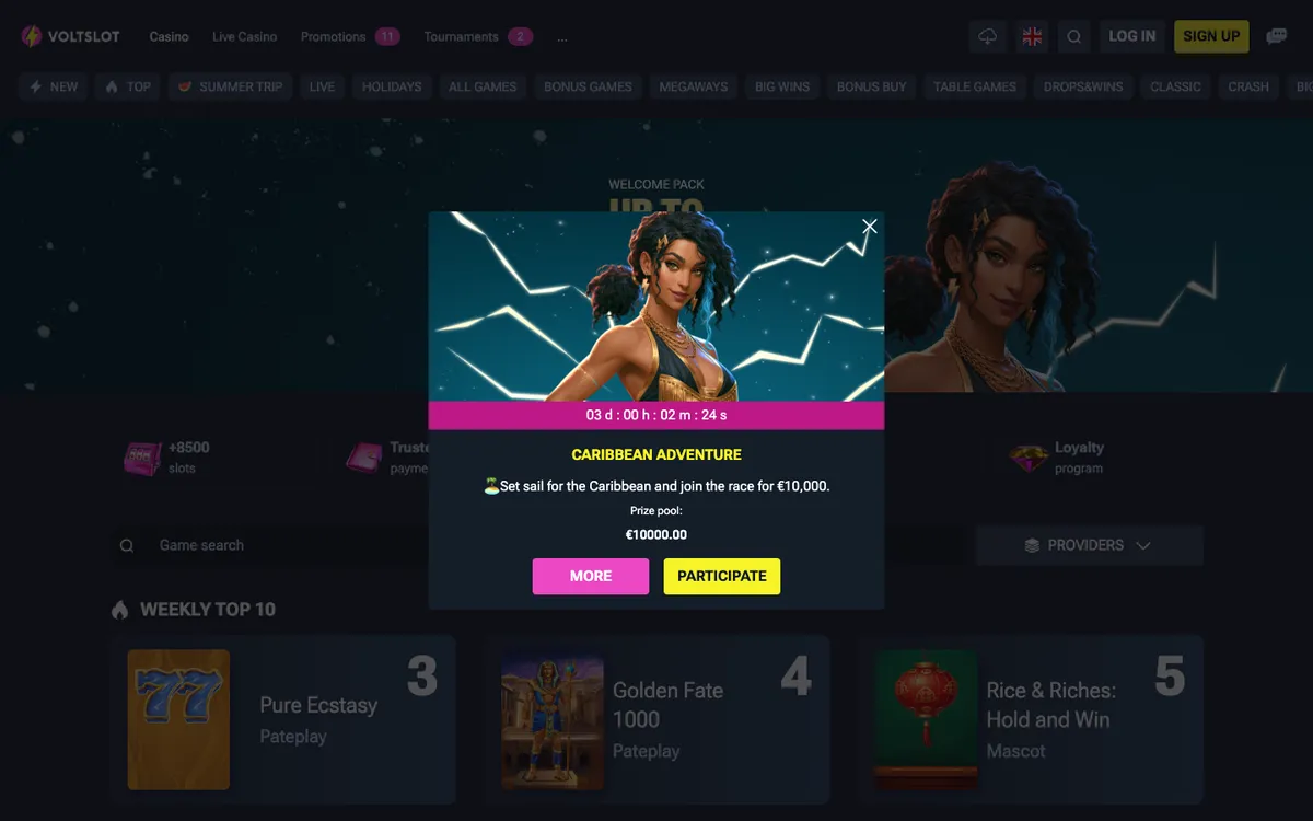 Voltslot Casino — Home page, captured from France