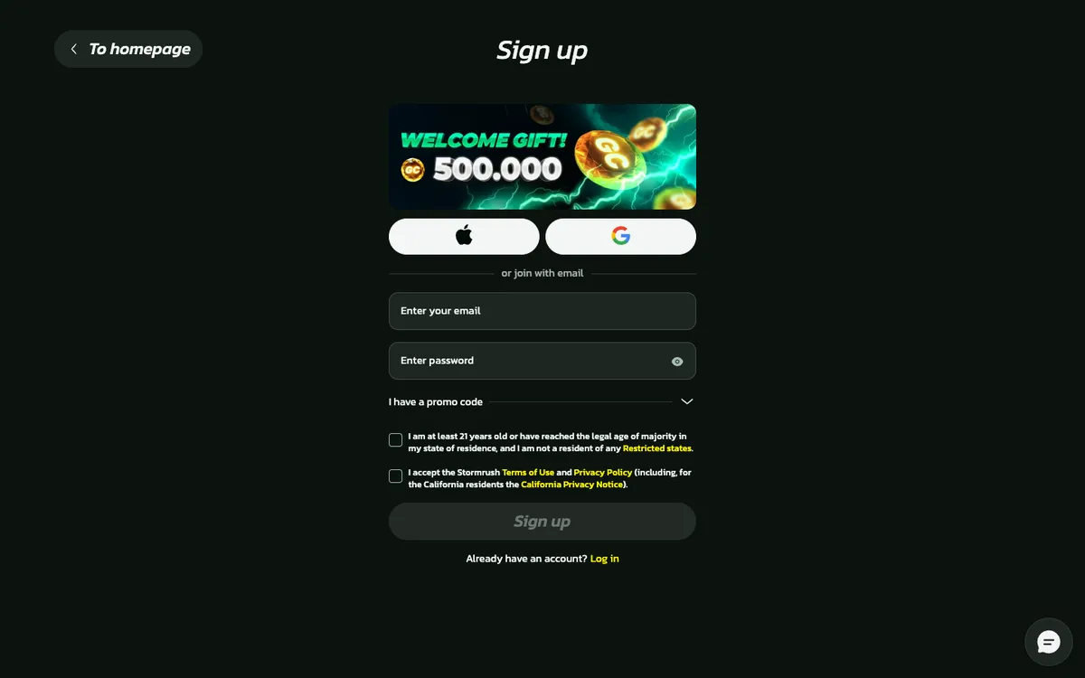 StormRush Casino — «Регистрация», снято из страны Соединенные Штаты