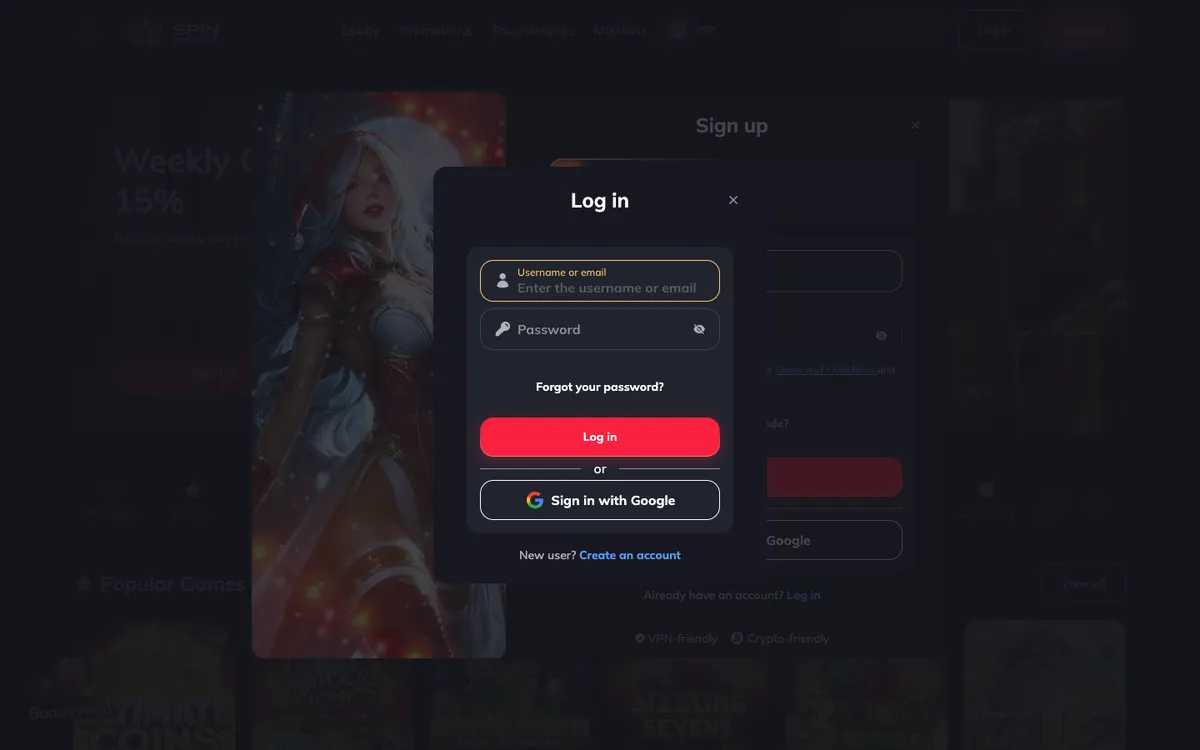 Spin Empire Casino — «Регистрация», снято из страны Новая Зеландия